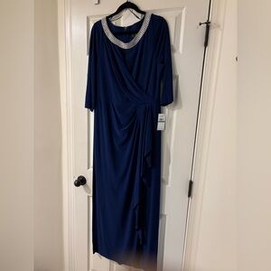 Alex Evenings Deep Blue 3/4 Long Sleeve Formal Dress Silver Neckline Size 16 NWT